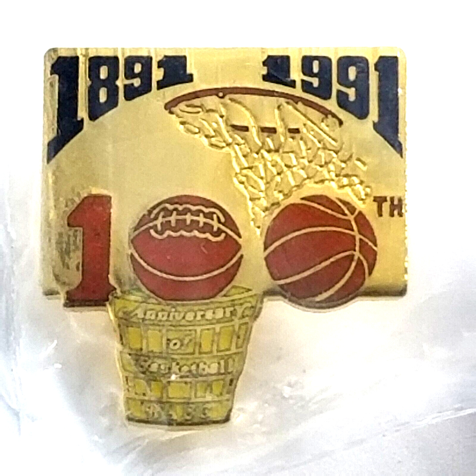 VTG 100th Anniversary Of Basketball NABC 1891-1991 Gold Tone Enamel Pin Souvenir