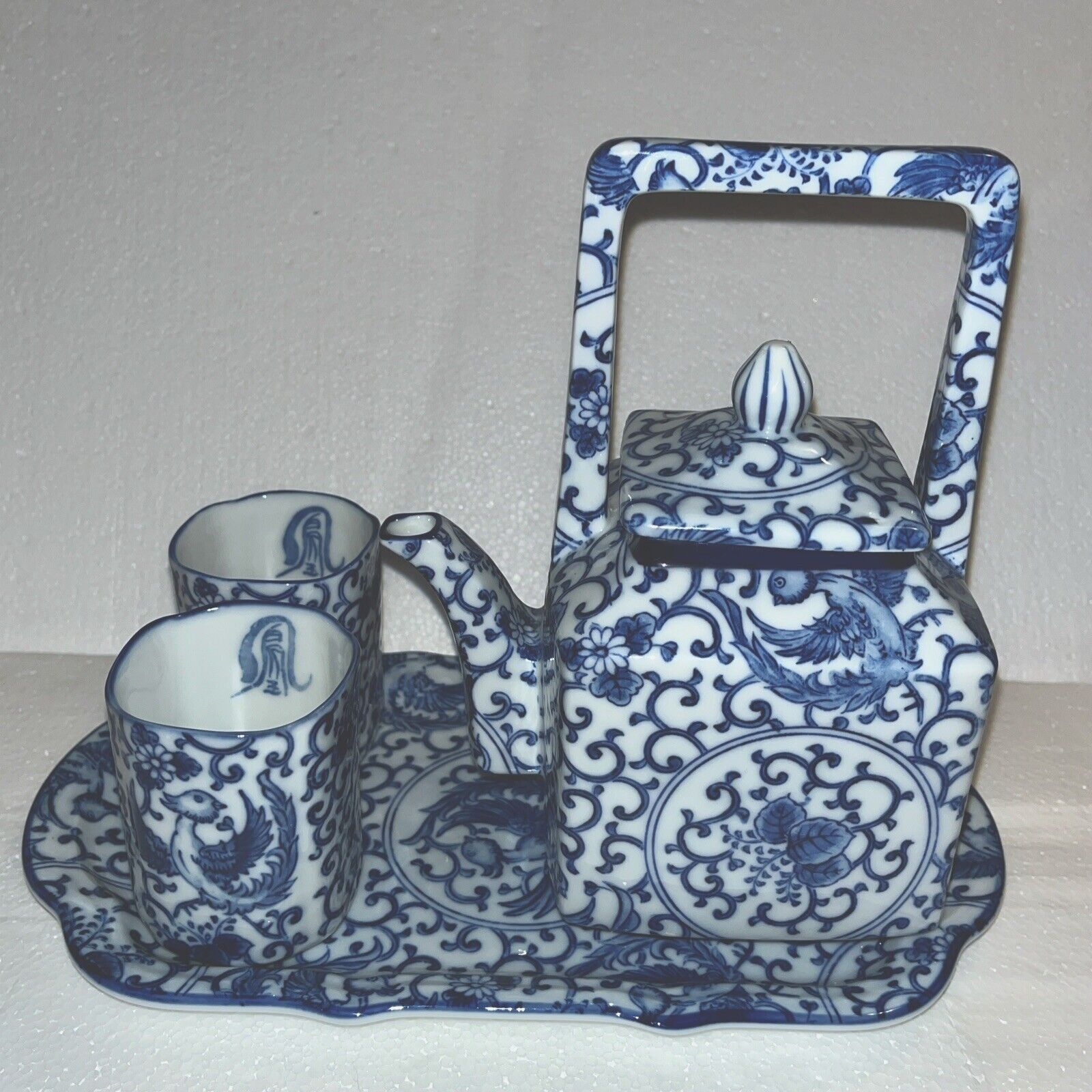 Vintage Blue & White Japan Teapot With 2 Phoenix Cups & Tray