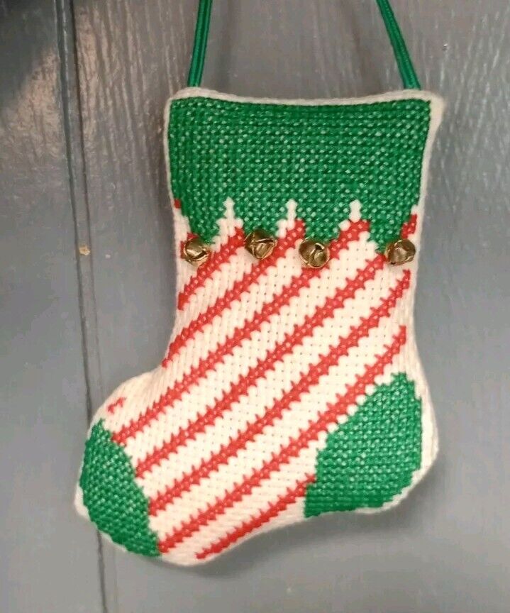 Vintage Handmade Stocking Holiday Christmas Ornament Cross Stitch Embroidered 