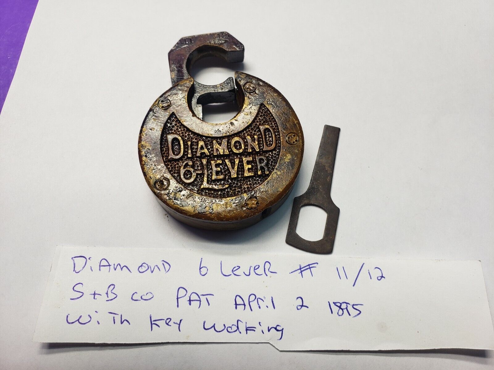 Antique  BRASS  DIAMOND  6-LEVER PADLOCK #11/12 S&B CO Pat Apl. 2 1895 KEY WORKS