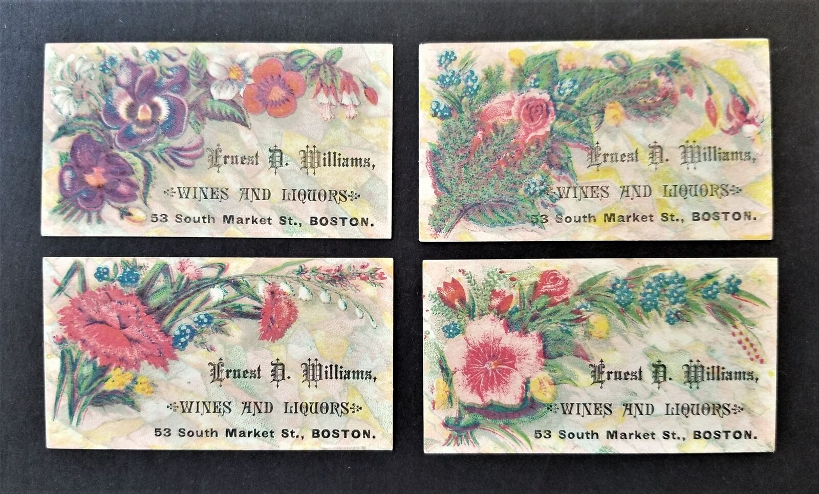 1880s antique 4pc ERNEST D WILLIAMS boston ma WINES LIQUORS STORE victorian card