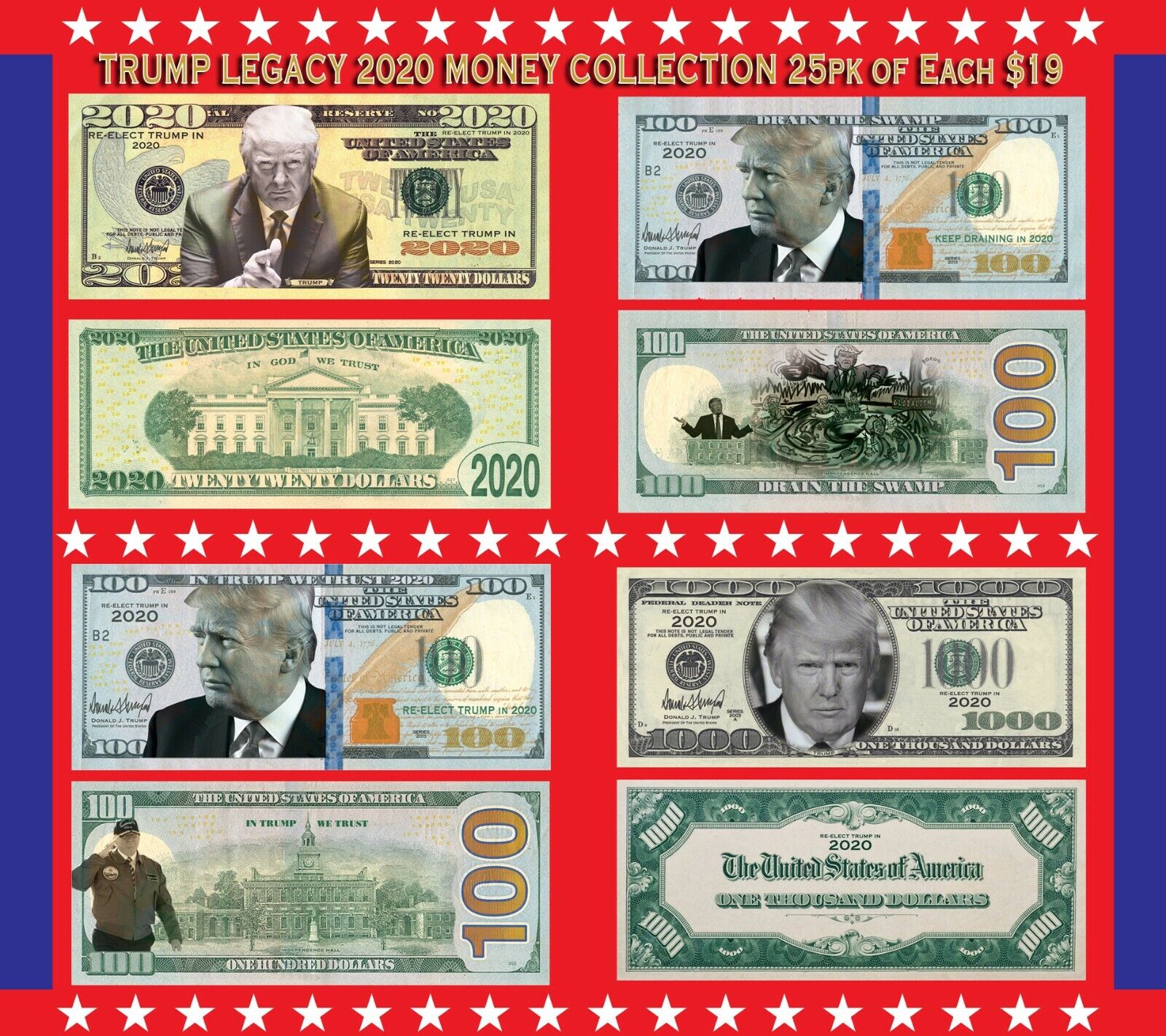 Pack of 100 Trump 2020 Dollar Bill Collection 25pcs x 4 Maga Money Feels So Real