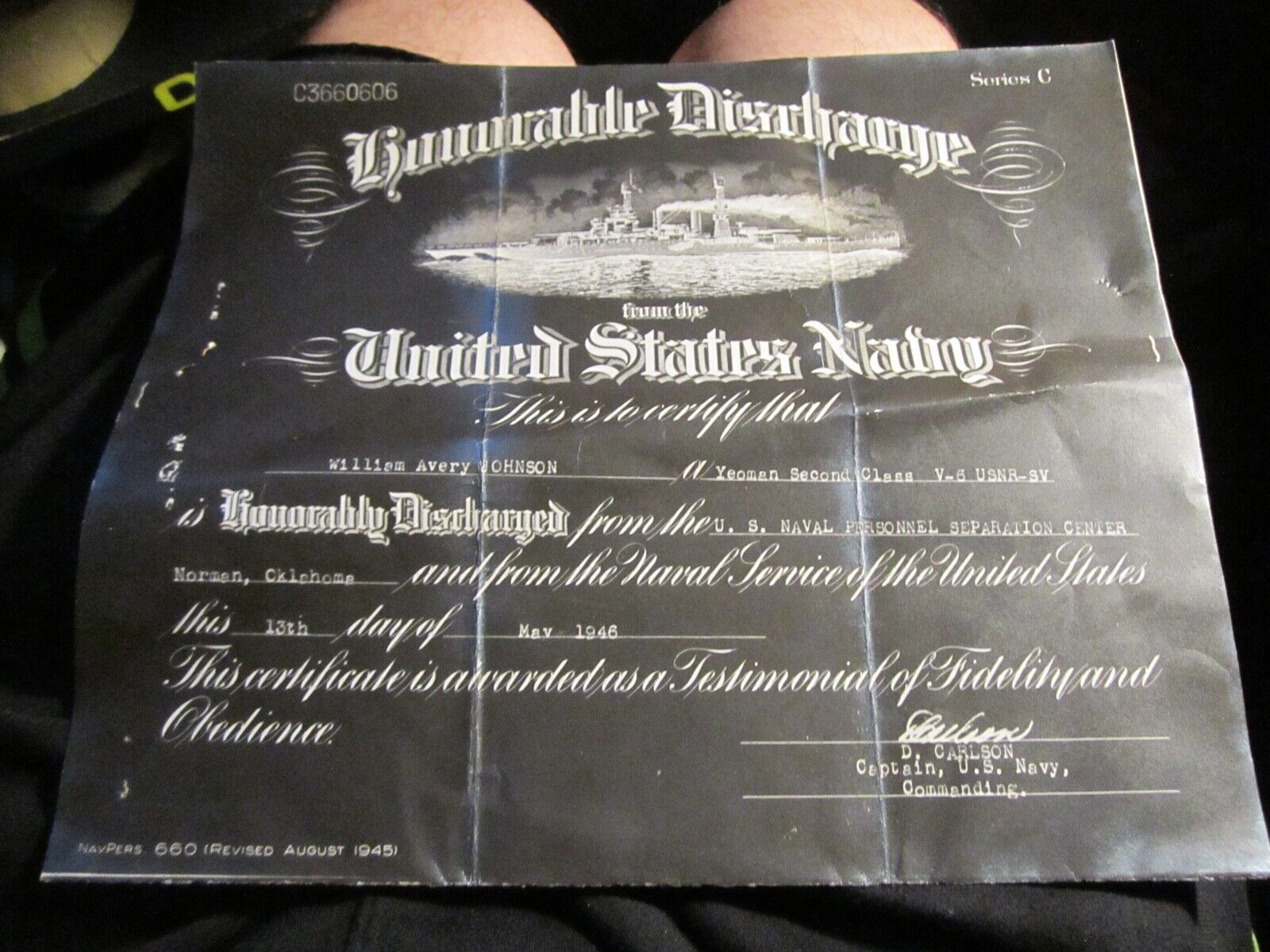 1945 UNITED STATES NAVY HONORABLE DISCHARGE CERTIFICATE BBA-10