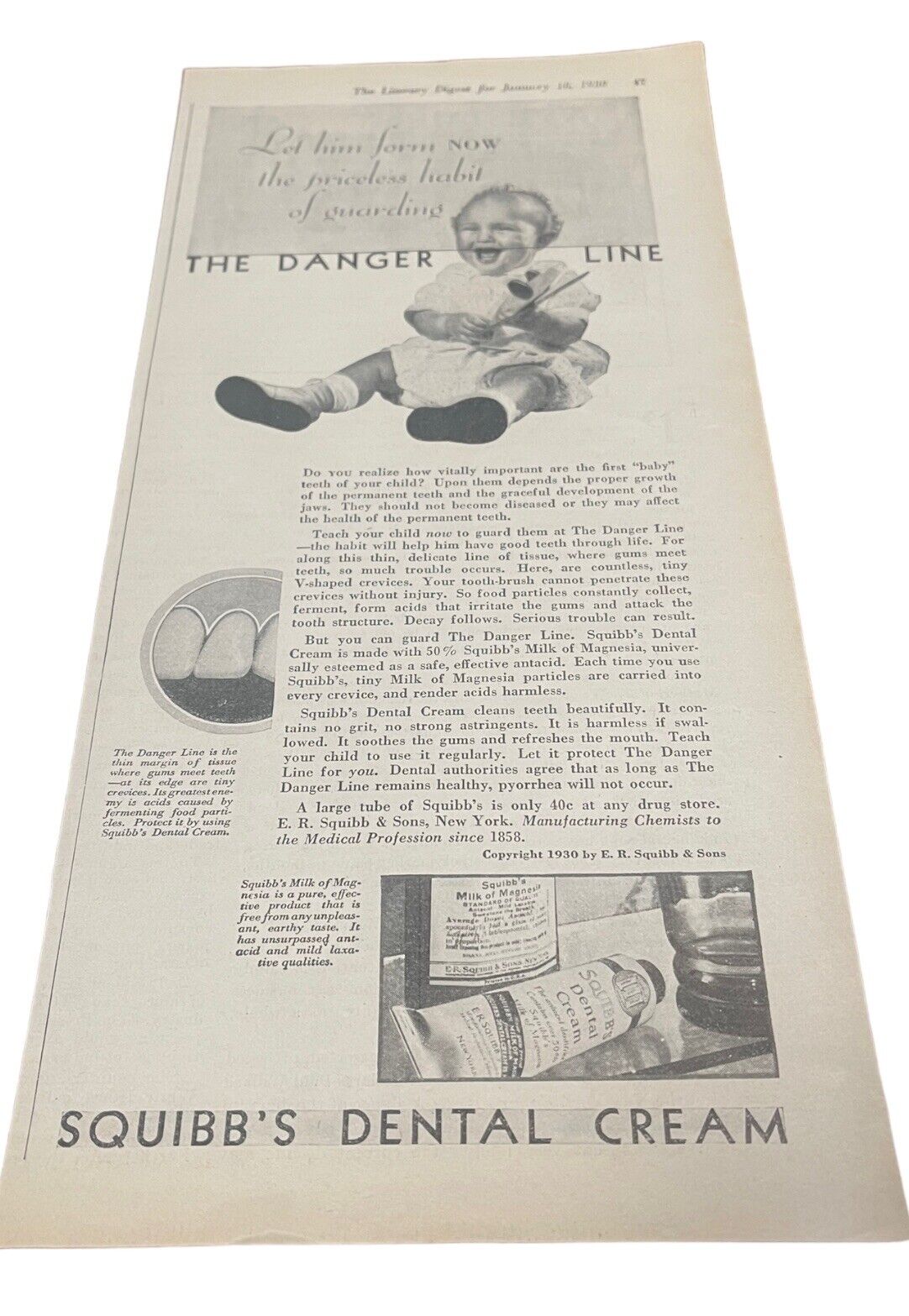 Vintage 1930 Squibb’s Dental Cream Ephemera Print Ad 5.5” X 12” C.43 Baby