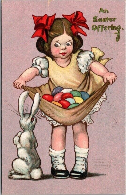 1909 Artist-Signed KATHARINE GASSAWAY Easter Postcard Girl / Colored Eggs Bunny