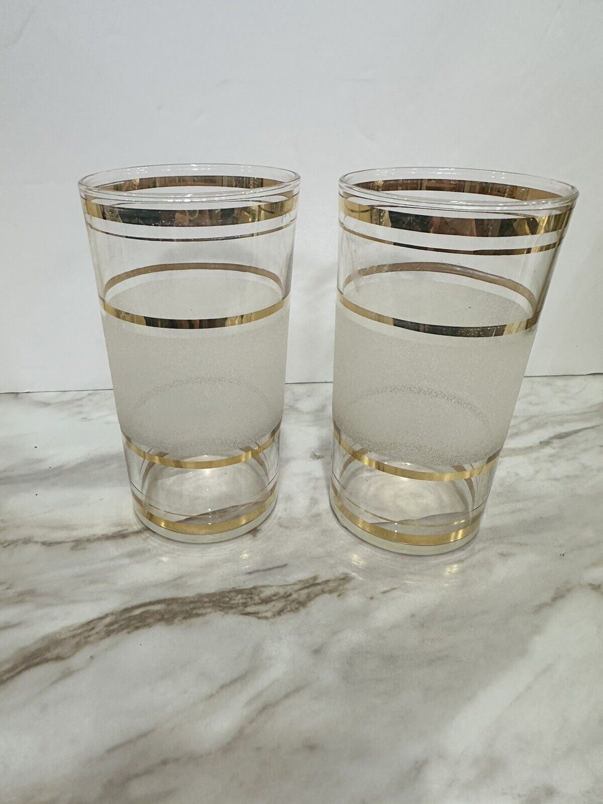 Libbey Pebble Frosted & Gold Horizonal Stripe Juice Glasses Vintage Set Of 2