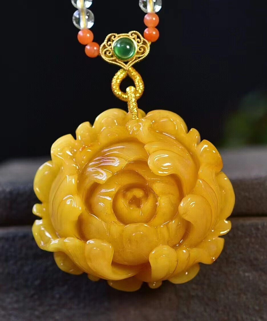 Top Quality Natural Amber Gemstone Carved flowers Pendant AAAA 35x22x40mm