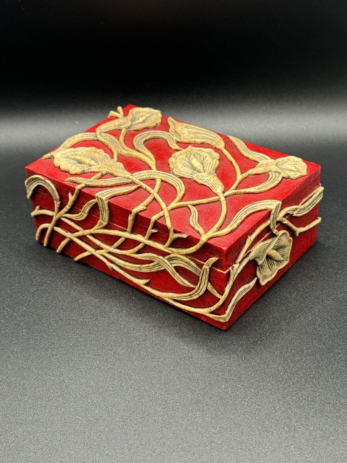 Vietnamese Carved Red Painted Stone Calla Lily Trinket Box 5” x 3.5”