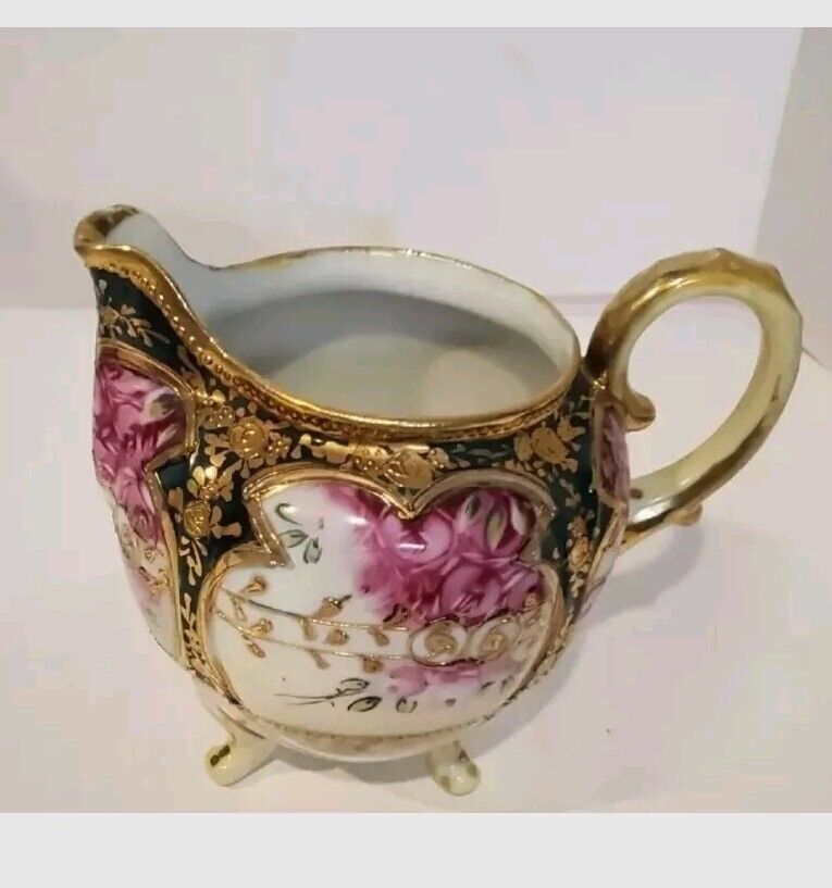 Nippon Hand Painted Gold Encrusted Floral Creamer Porcelain Dinnerware Antique