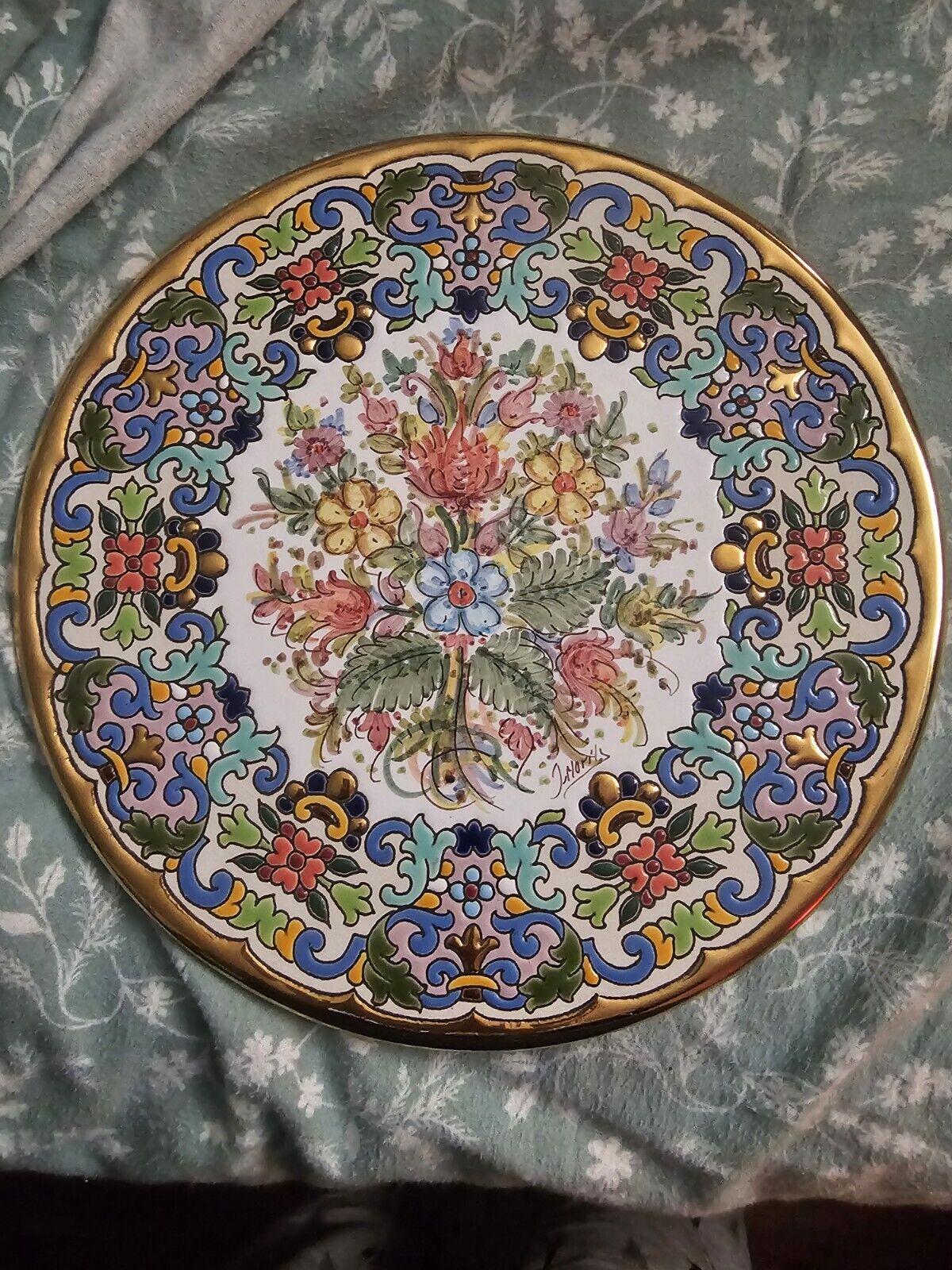 Hand painted wall plate by J Murano Trimmed With 24 Carat Gold