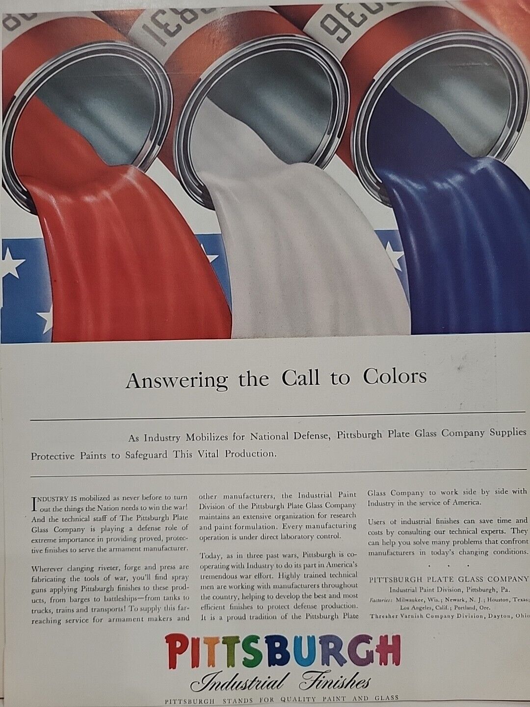 1942 Pittsburgh Industrial Finishes Fortune WW2 Print Ad Q2 Paint Red White Blue