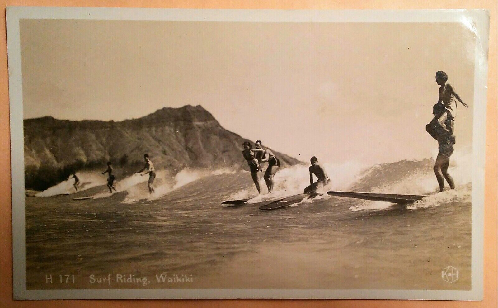 1939 Tandem Surf Riding Waikiki TH Hawaii RPPC 