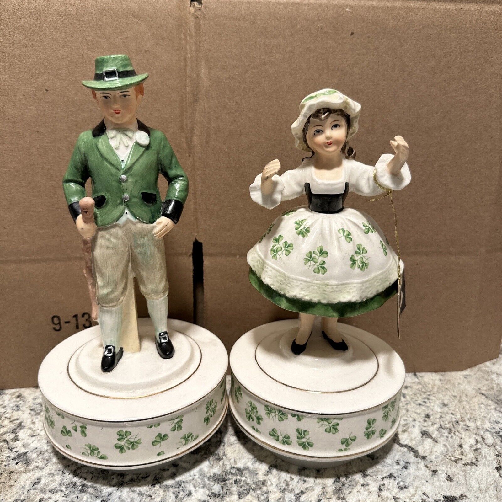 Vintage Schmid Ceramic Irish Boy & Girl Music Box Figurines When Irish Eyes Are.