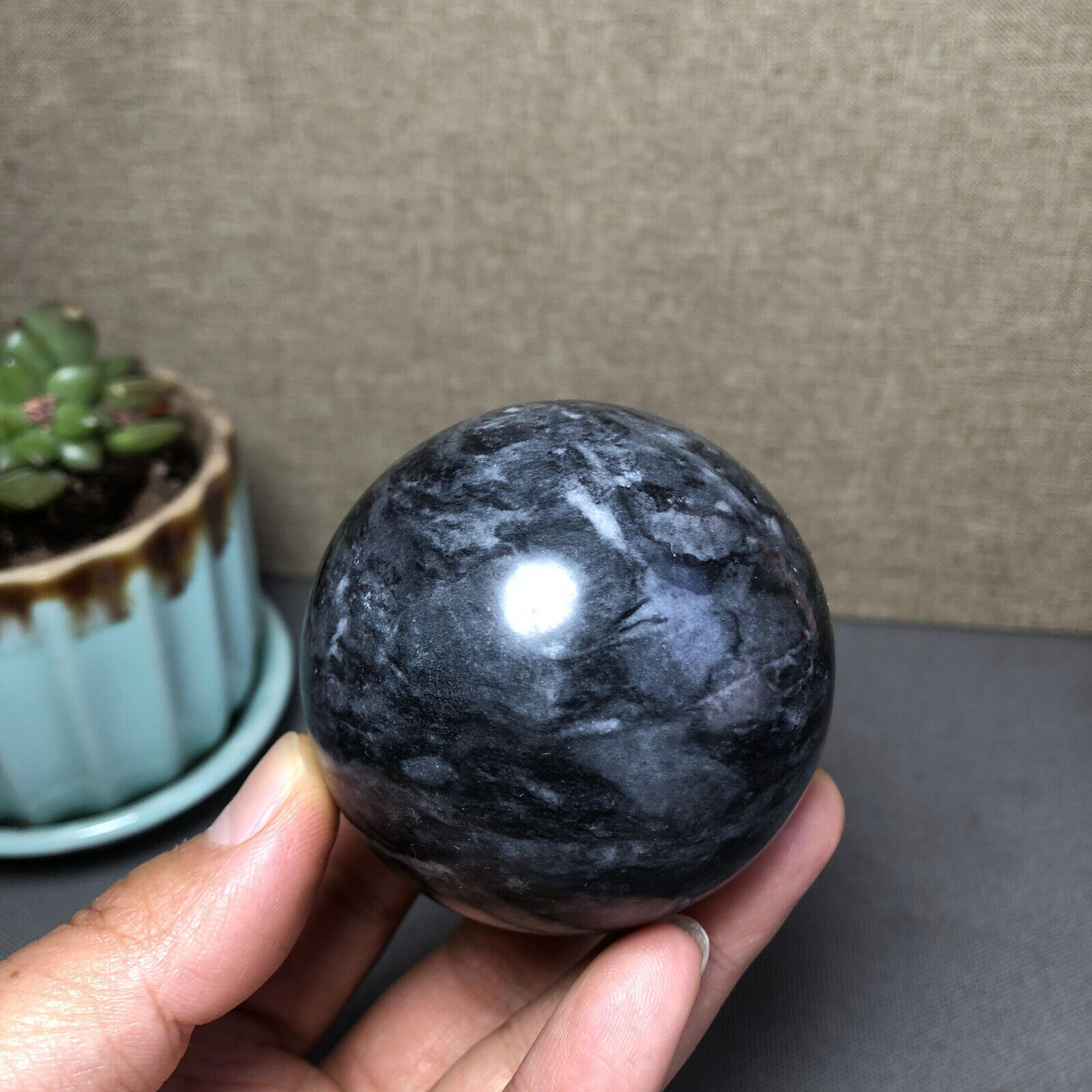 306g Rare Natural polished Black flower jade Semi-precious Ball sphere 59mm 1547