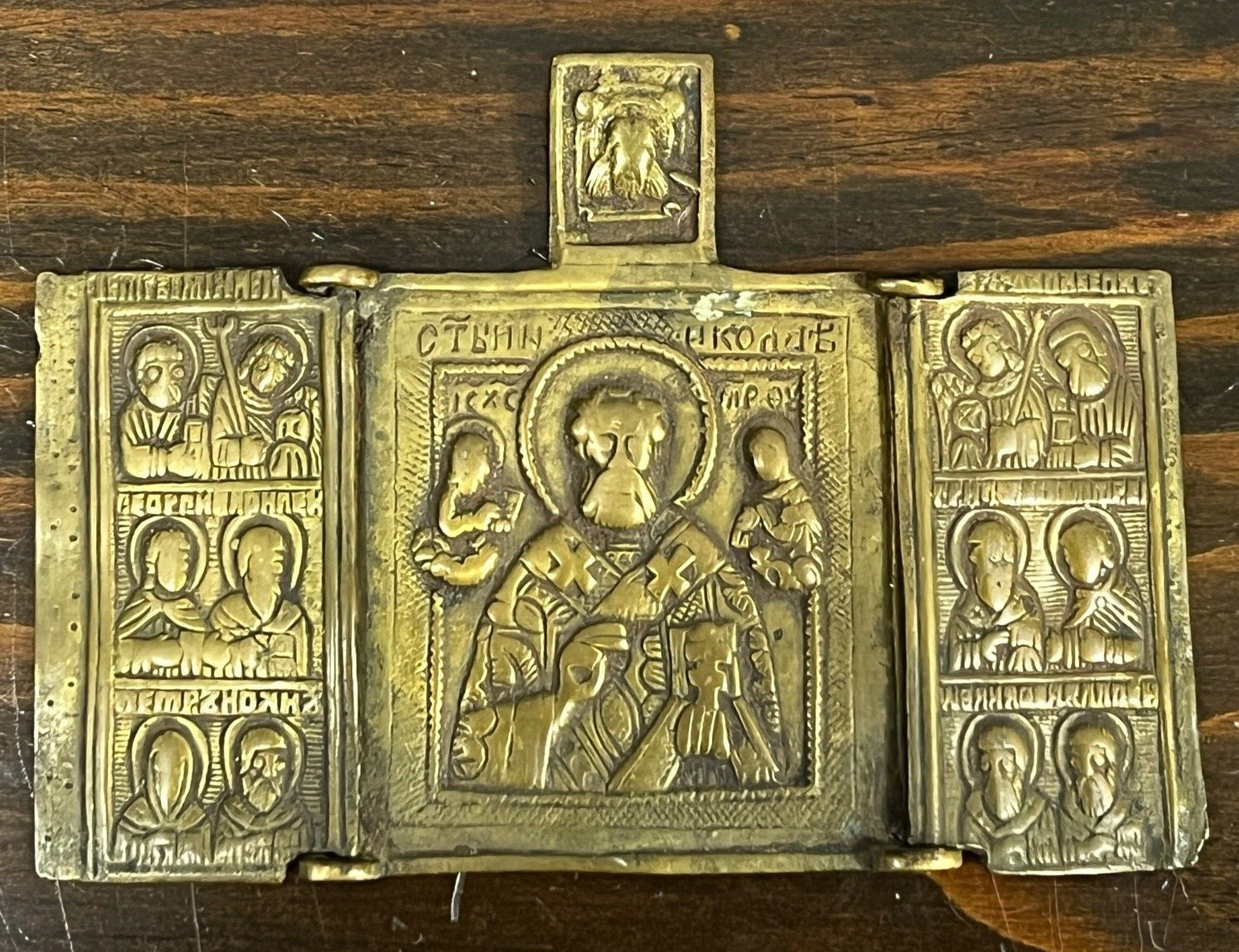 18c.Antique Russian Icon Bronze Travel Triptych Saint Nicholas Believer