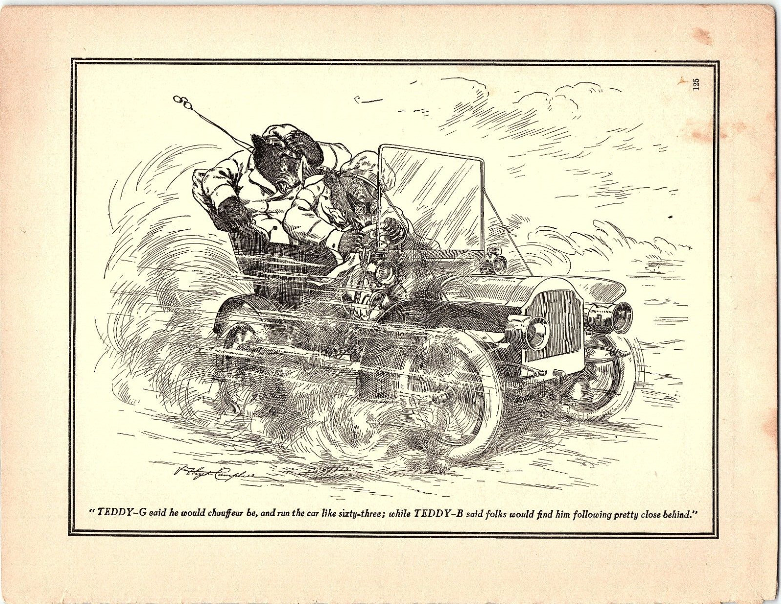 1906 FLOYD V CAMPBELL ROSEVELT BEARS DRIVING AUTO LITHOGRAPHIC PRINT  Z5512