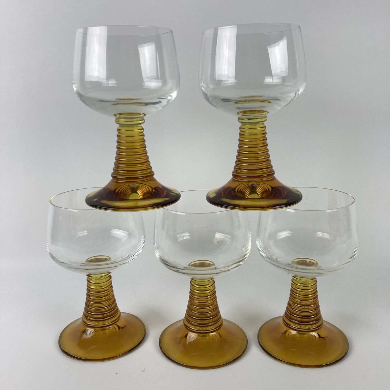 Roemer Goblets Set of 5 Amber Beehive Ribbed Glass Stems 5.5 inches vintage