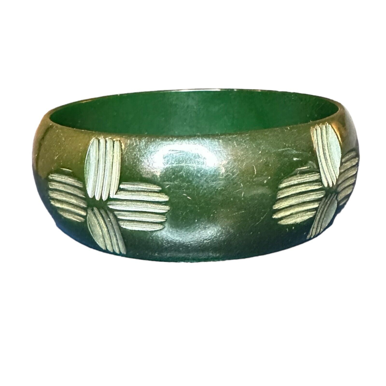 Vintage Bakelite Dark Green Semi Transparent Carved Bangle Bracelet 1\