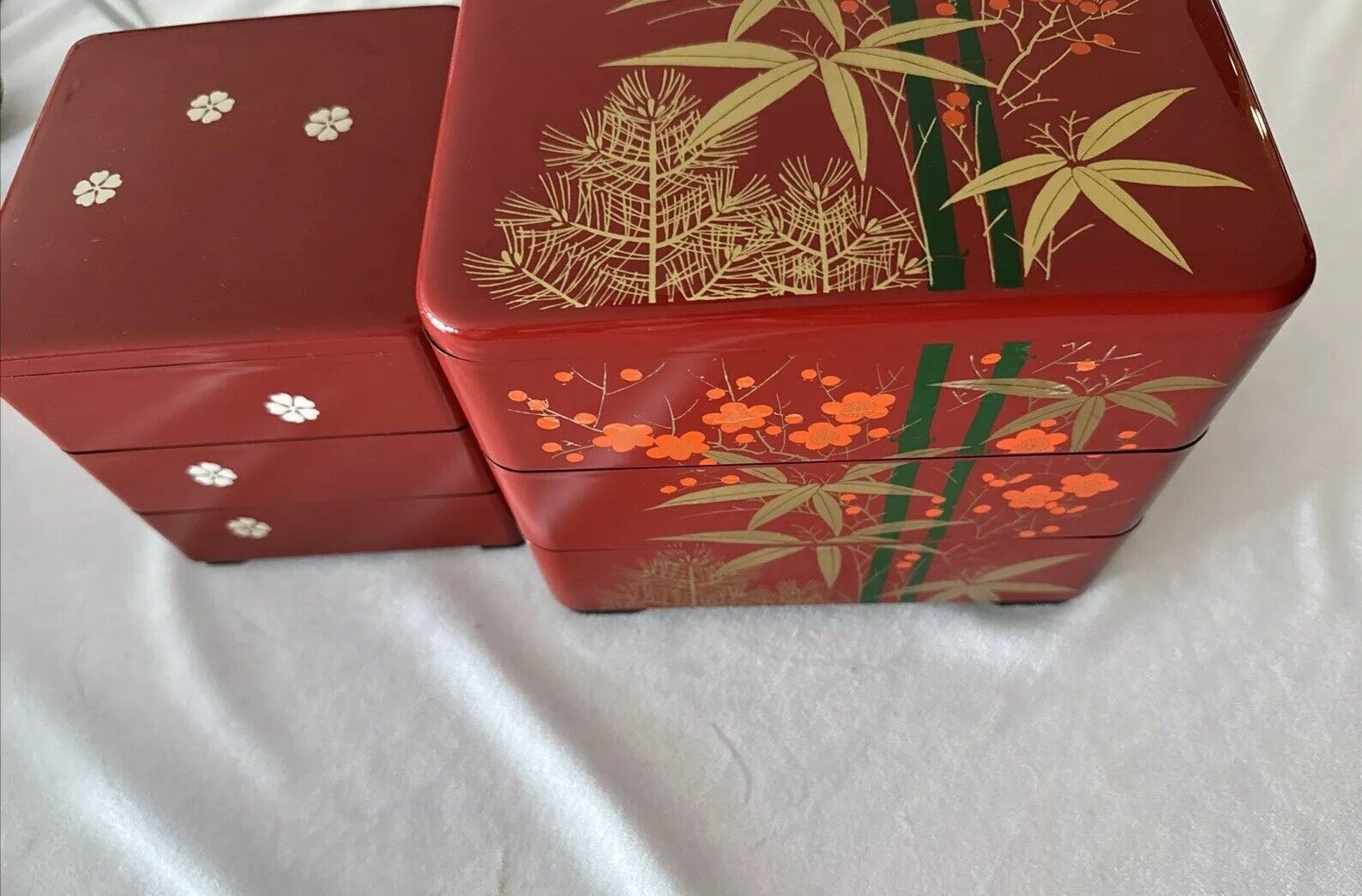 YAMANAKA Red Gold Japanese Bamboo Cherry Blossom Bento Box  Lacquerware Lot Of 2