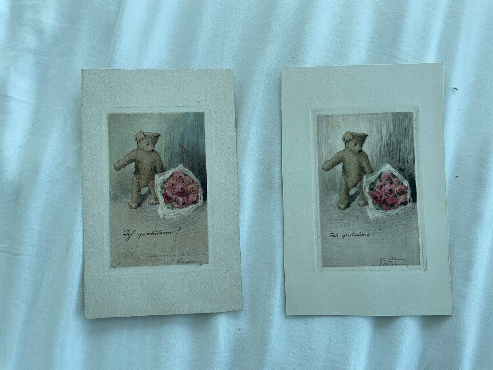 Pair Victorian greeting cards Aquatint Austrian Eduard Sanders  Teddy Bear Roses