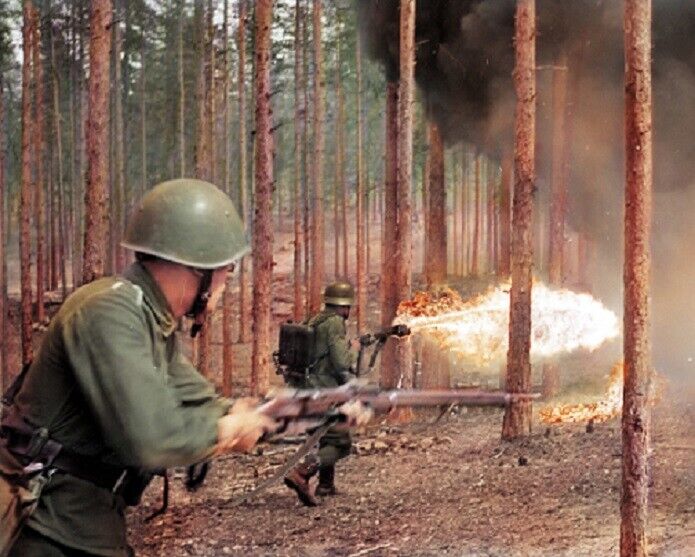 German Soldier with a Flamethrower in Action 8x10 WWII Color Photo 892