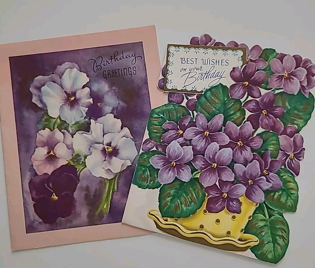2 UNUSED Vtg PANSY & Sweet VIOLETS Old Stock BIRTHDAY Greeting CARDS