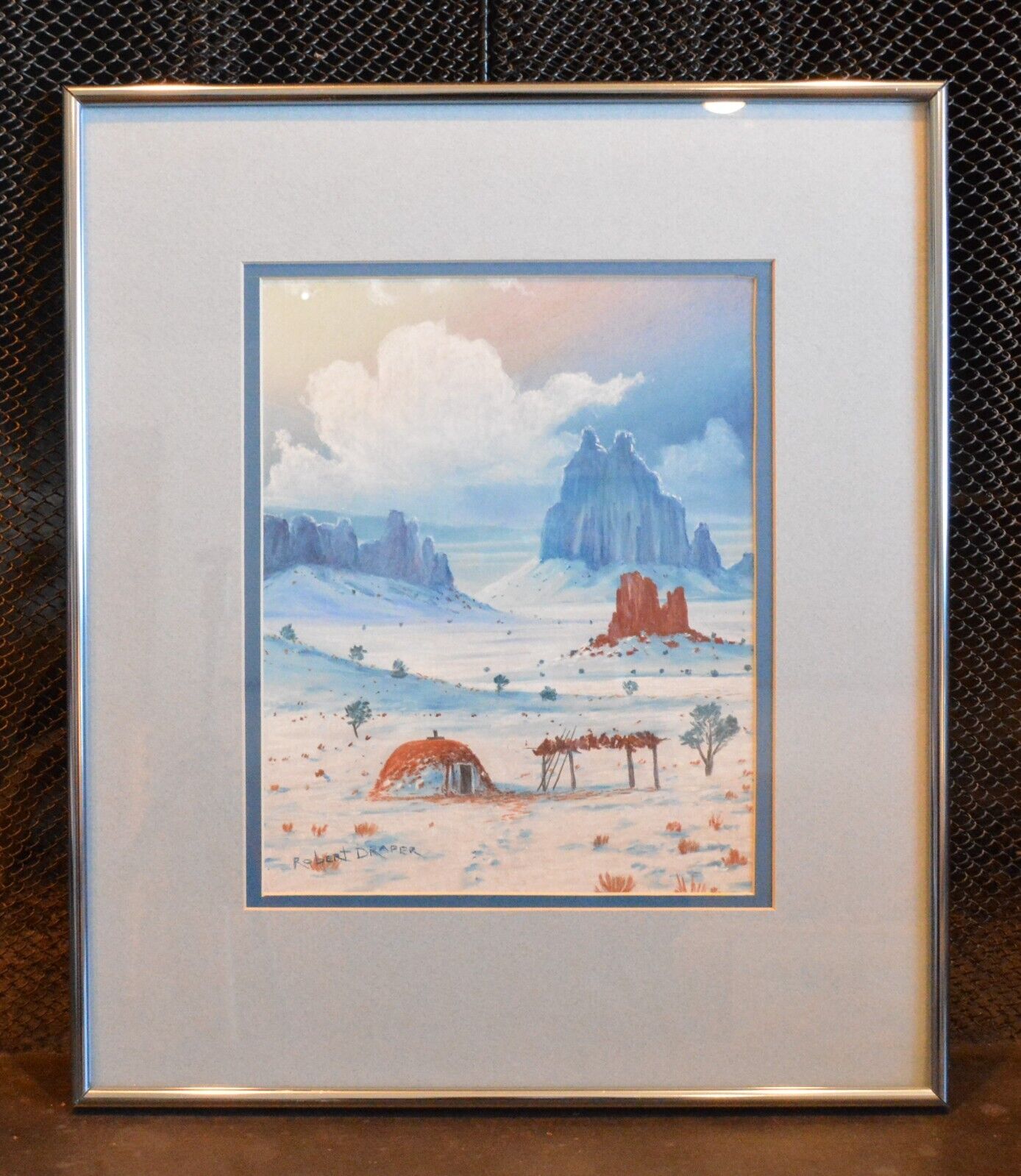 Robert Draper - Navajo Artist - Watercolor Painting Shiprock N.M. Hogan in Snow