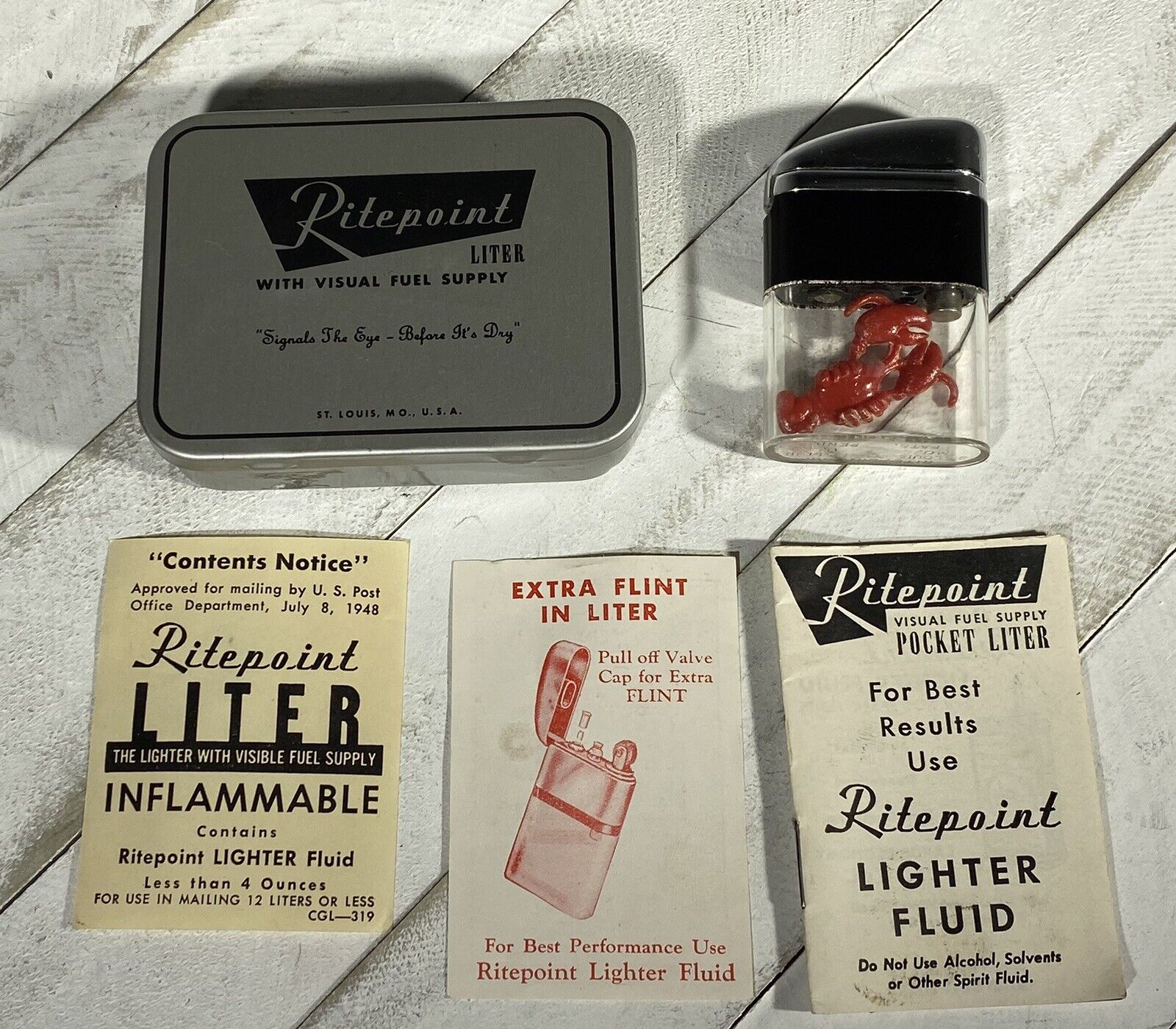Vintage RITEPOINT Lighter ~ “Lobster” ~ Visual Fuel Supply ~ TIN BOX  ~ PAPERS ~