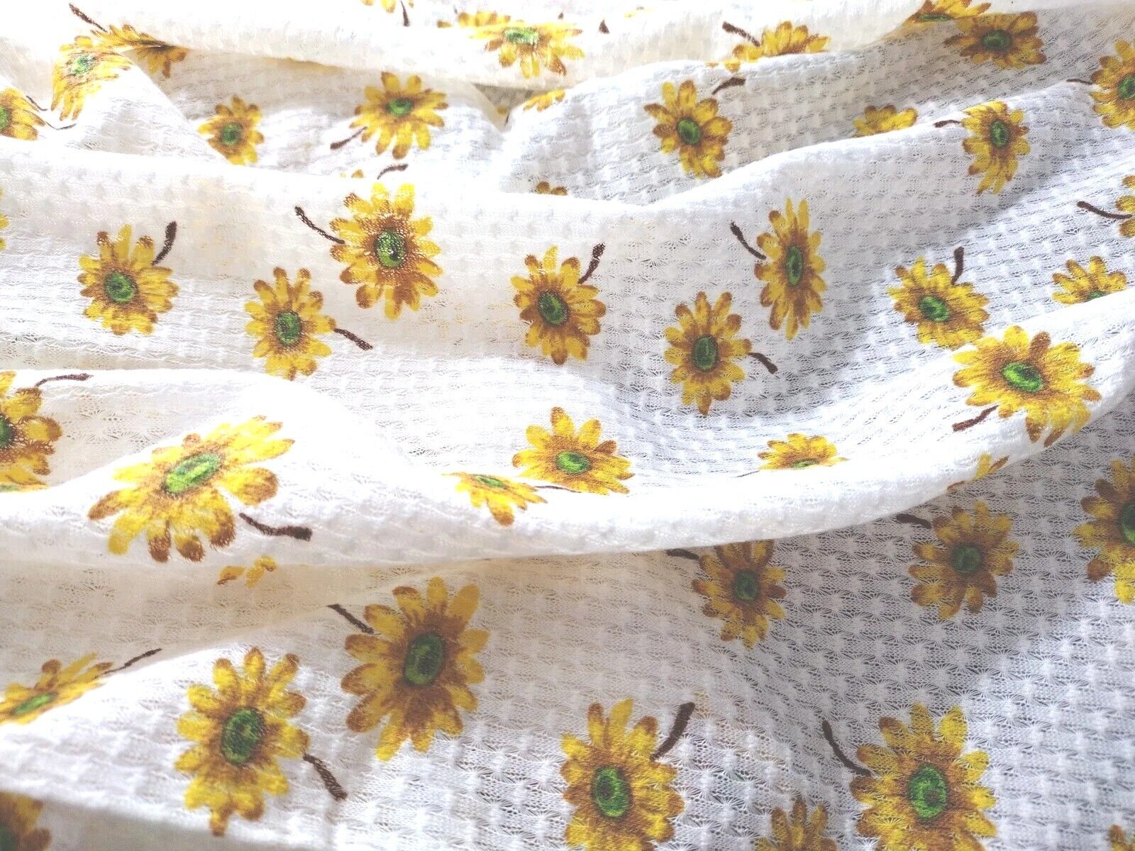 Vintage 1960s Sunflower Fabric On White Birdseye Knit, 2 1/3 Yds By 60 Wide