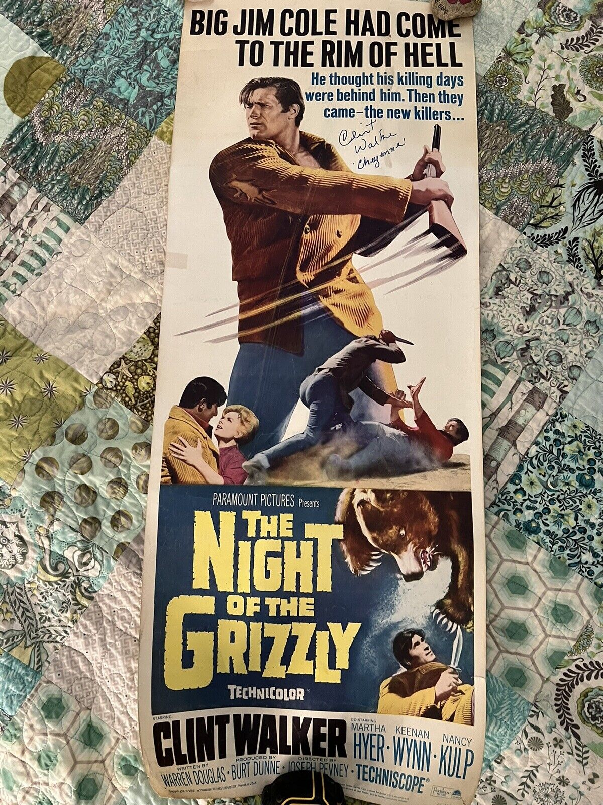 RARE Original  NIGHT OF THE GRIZZLY Poster Insert Signed By Clint Walker Western