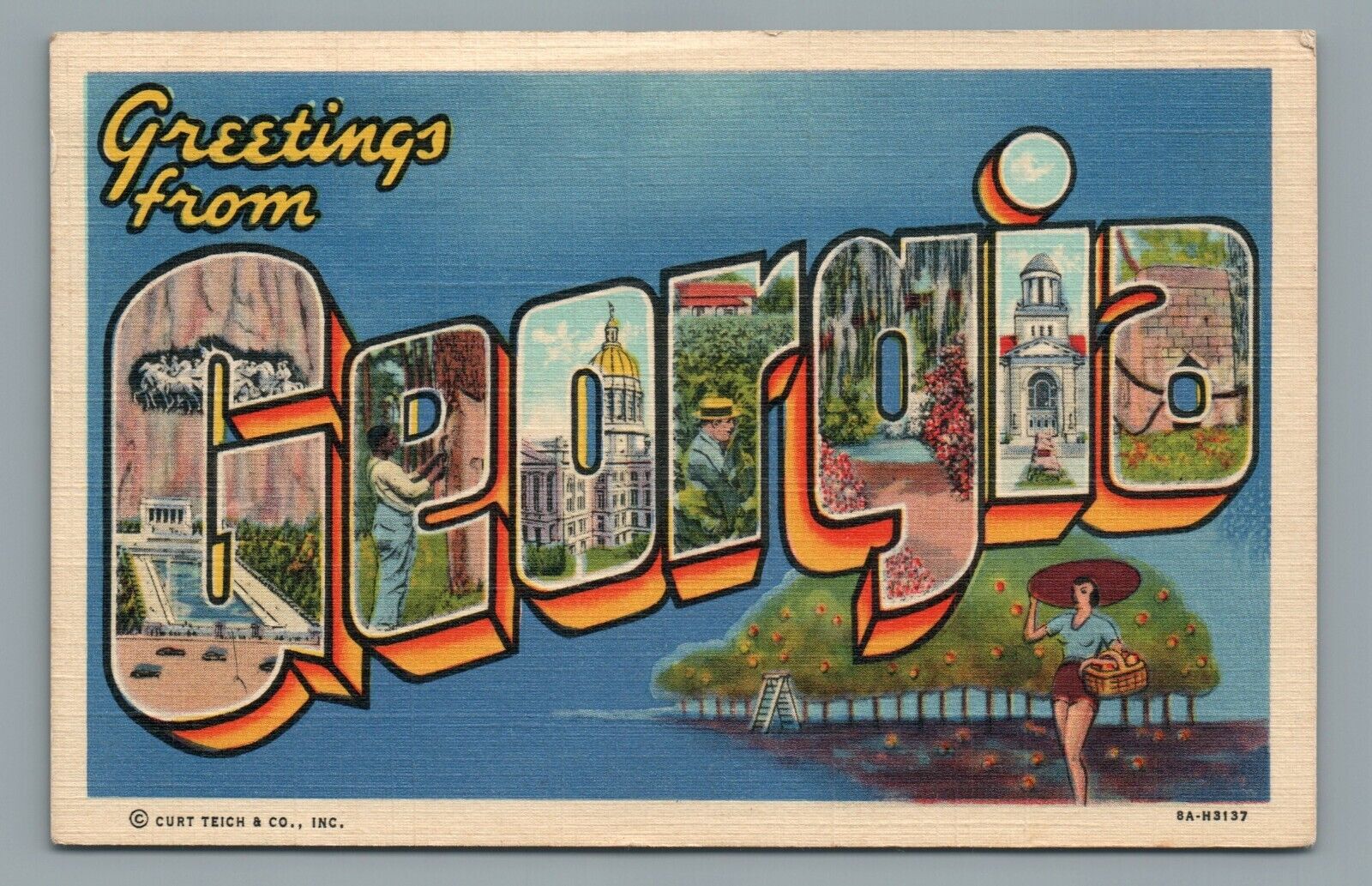 Greetings from Georgia Large Letter Linen Postcard Mfr. Curt Teich Posted 1948