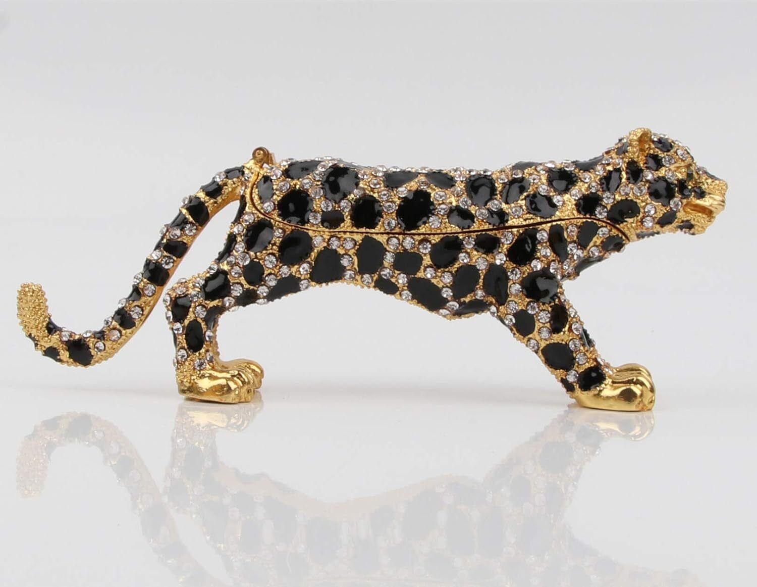 Bejeweled Enameled Animal Trinket Box/Figurine With Rhinestones-Leopard