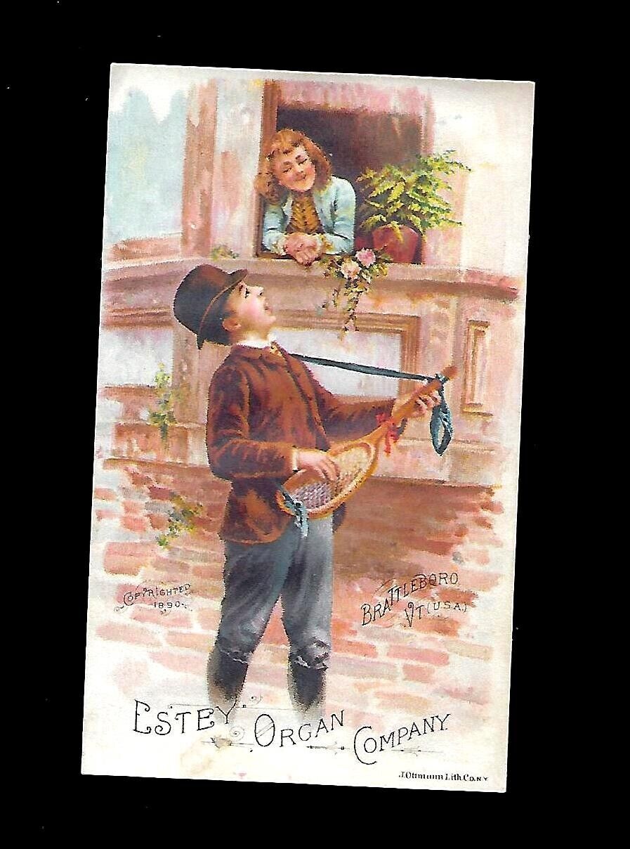 c1890 Victorian Trade Card Estey Organ Co., Boy Plays Racket Guitar For Girl