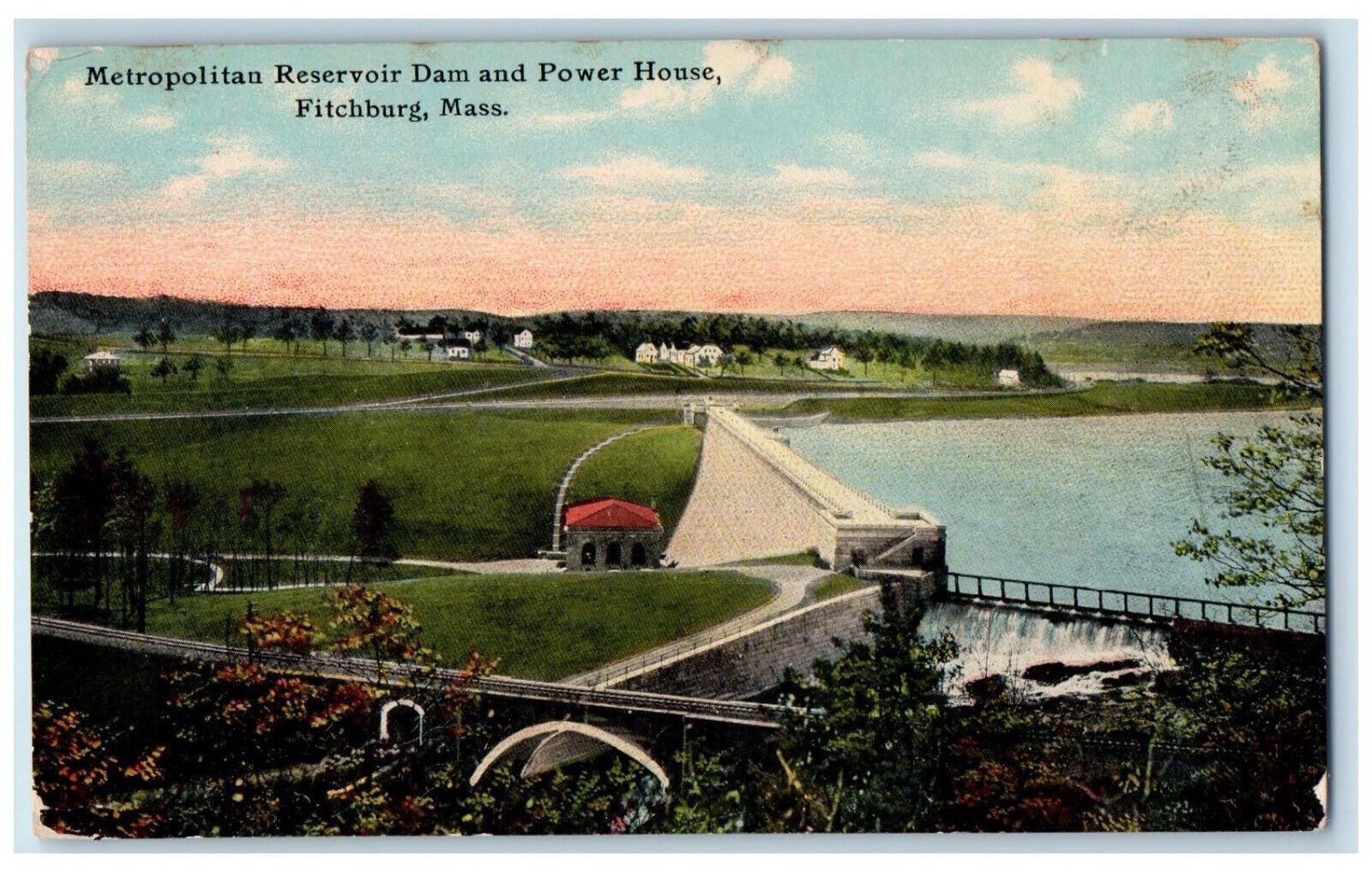 c1910 Metropolitan Reservoir Dam and Power House, Fitchburg MA Postcard