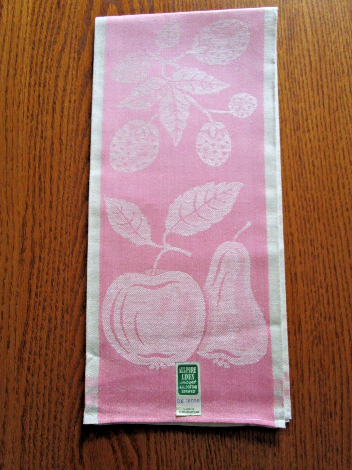 Vintage Pink Fruit Design All Pure Linen Tea Towel - Made in Czechoslovakia NWT