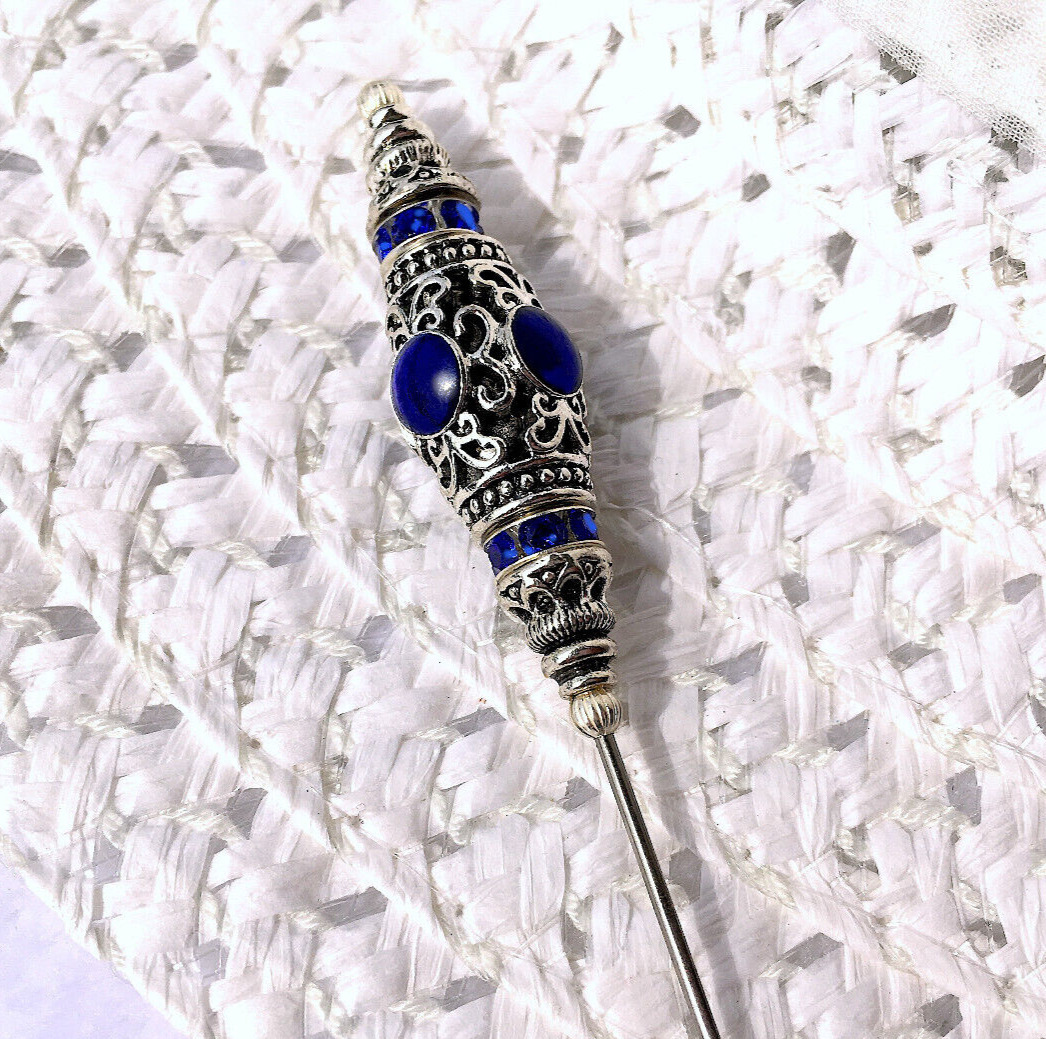 HATPIN with NEPAL Pewter with Dark BLUE Dome Beads  in Antique Silver Finish Set