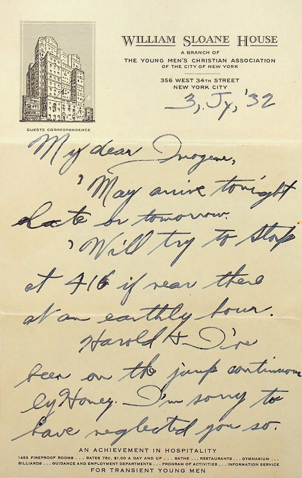 1932 NYC William Sloane House Y.M.C.A. Letter on Sloane House Stationary - E11-G