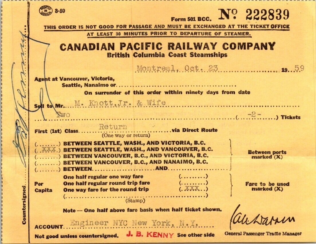 1959 Canadian Pacific Railway Ticket Stub - Montreal