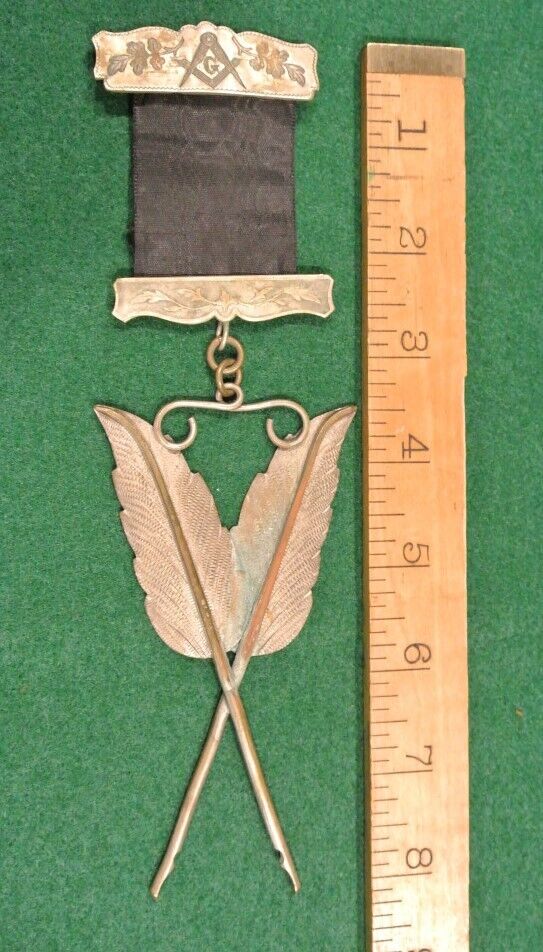 Antique Masonic Free Mason Pendant Medal Badge Pin - Feather Pens