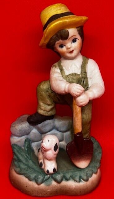 Vintage Bisque Farmer Boy with Shovel & Puppy Dog Figurine