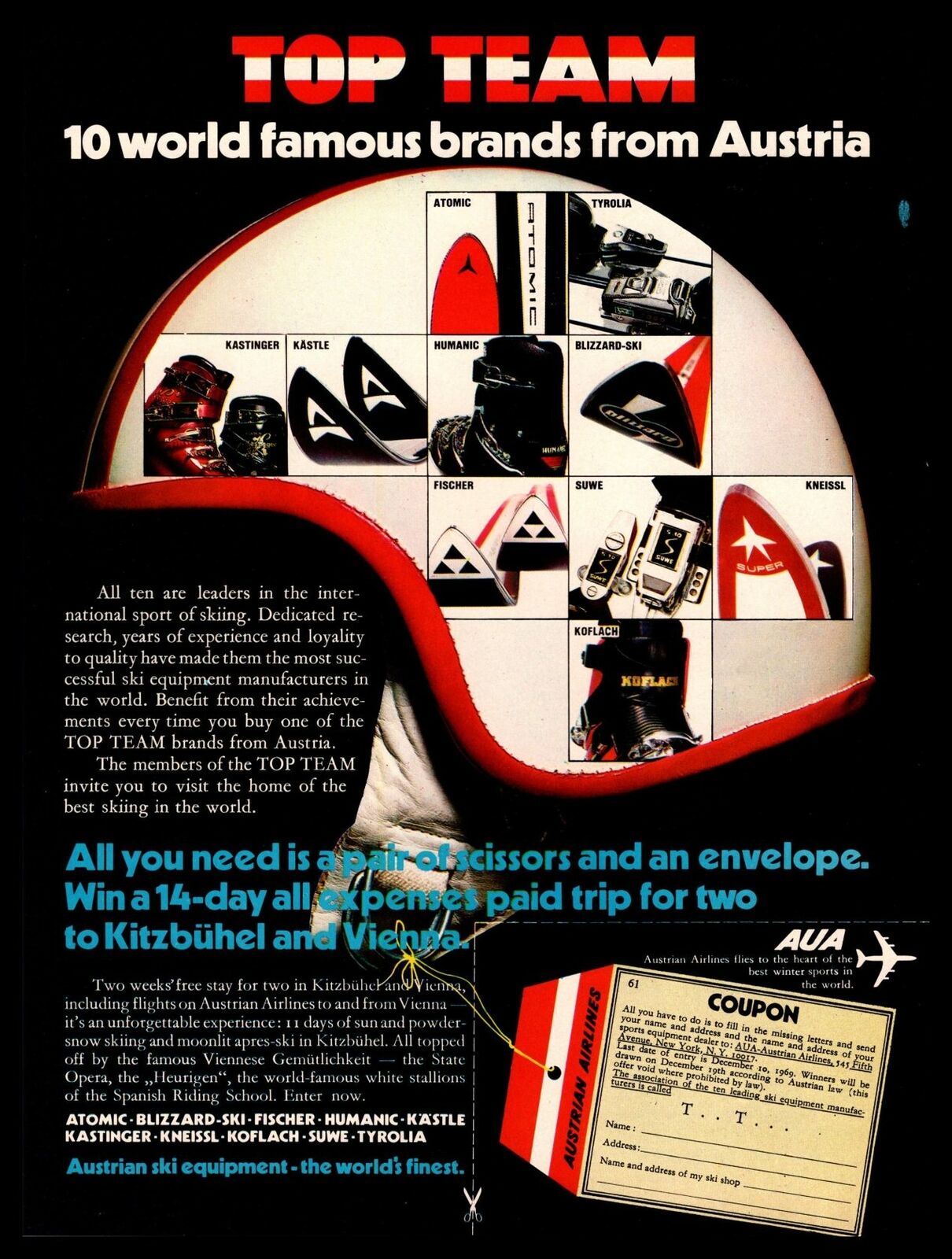 1969 AUA Austrian Airlines Vienna & Kitzbuhel 14 Day Ski Trip Contest Print Ad