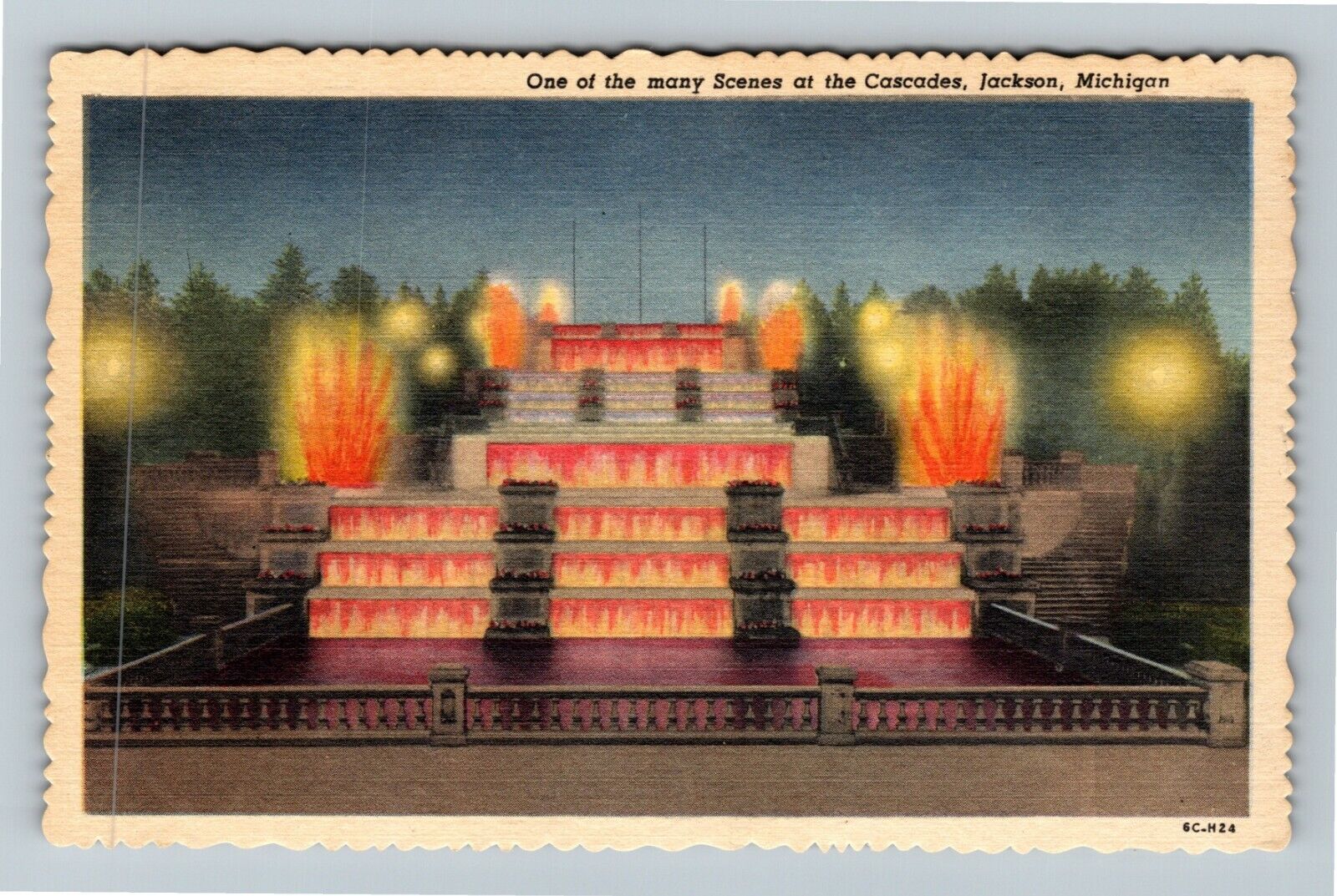Jackson, MI-Michigan, Night View Cascades, Vintage Postcard