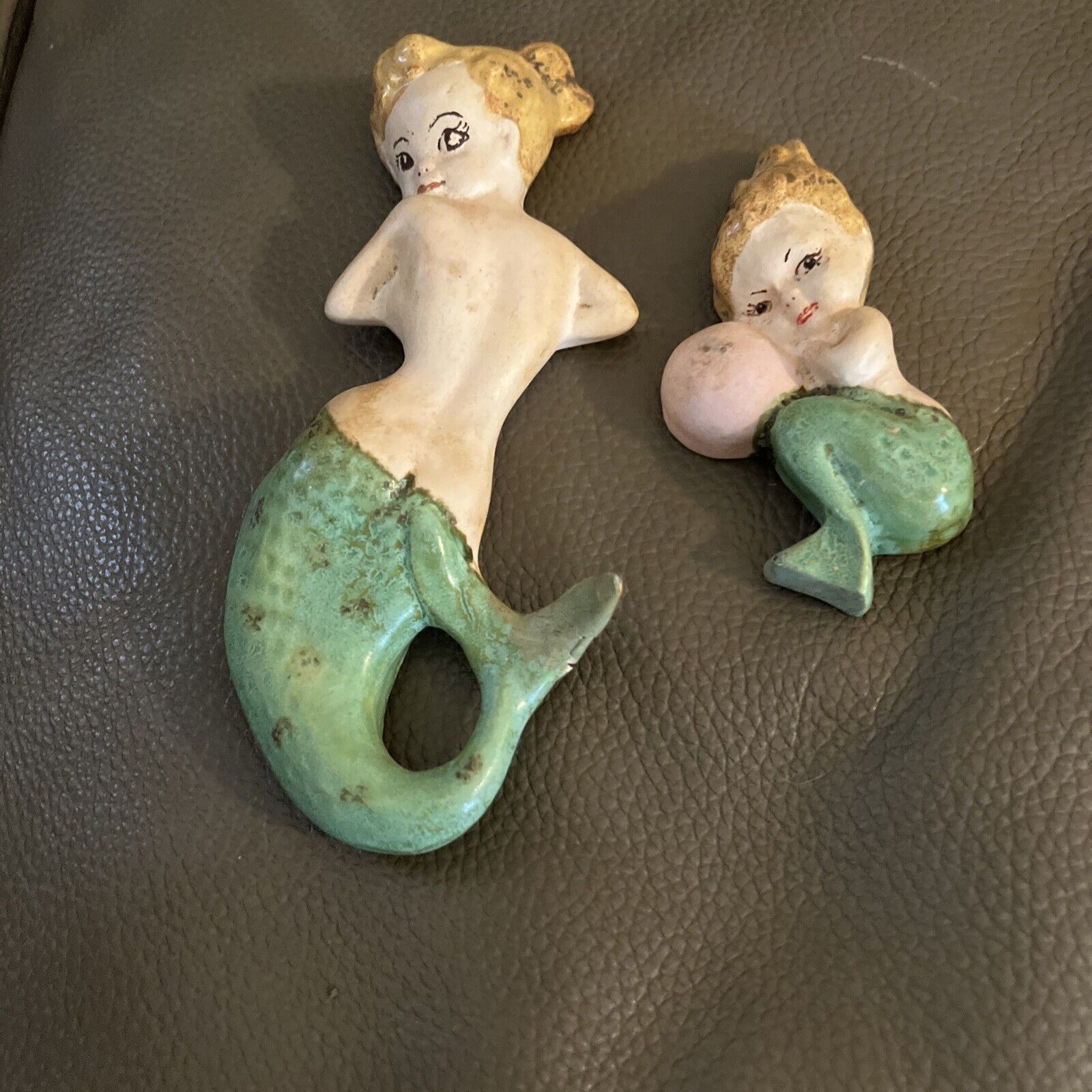 Set of 2 vintage Mermaids Ceramic Wall Hangings Gold Green Yellow