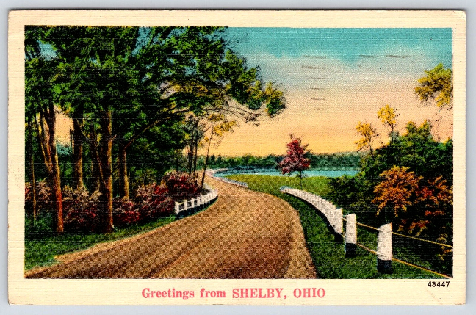 Shelby OH-Ohio, Greetings, Landscape, Road, Antique, Vintage 1941 Post Card