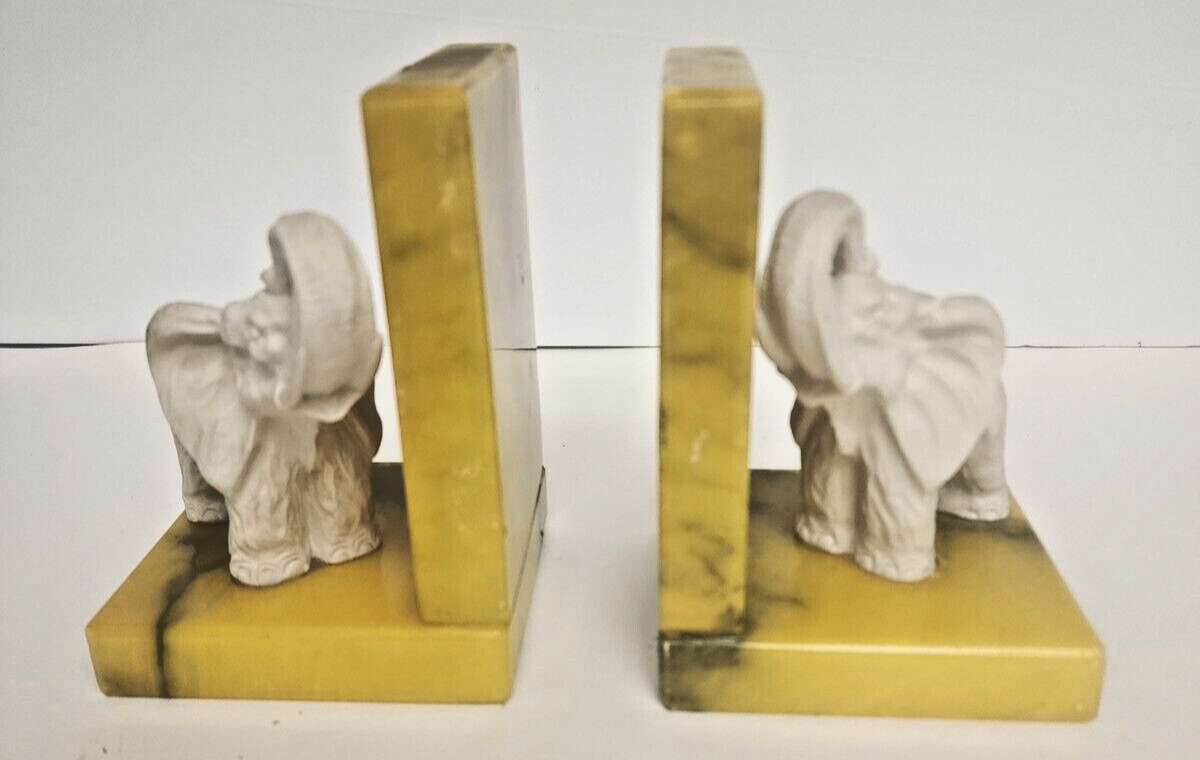Vintage Genuine Alabaster Bookends Hand Carved In Italy with Trunks Up Elephants