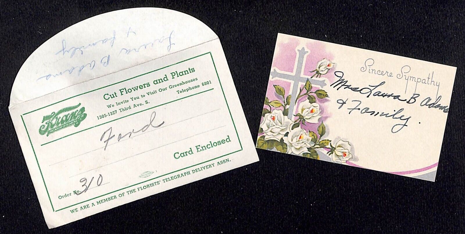 Kranz House of Flowers Great Falls, MT Delivery Card w/ Envelope c1940's-50's