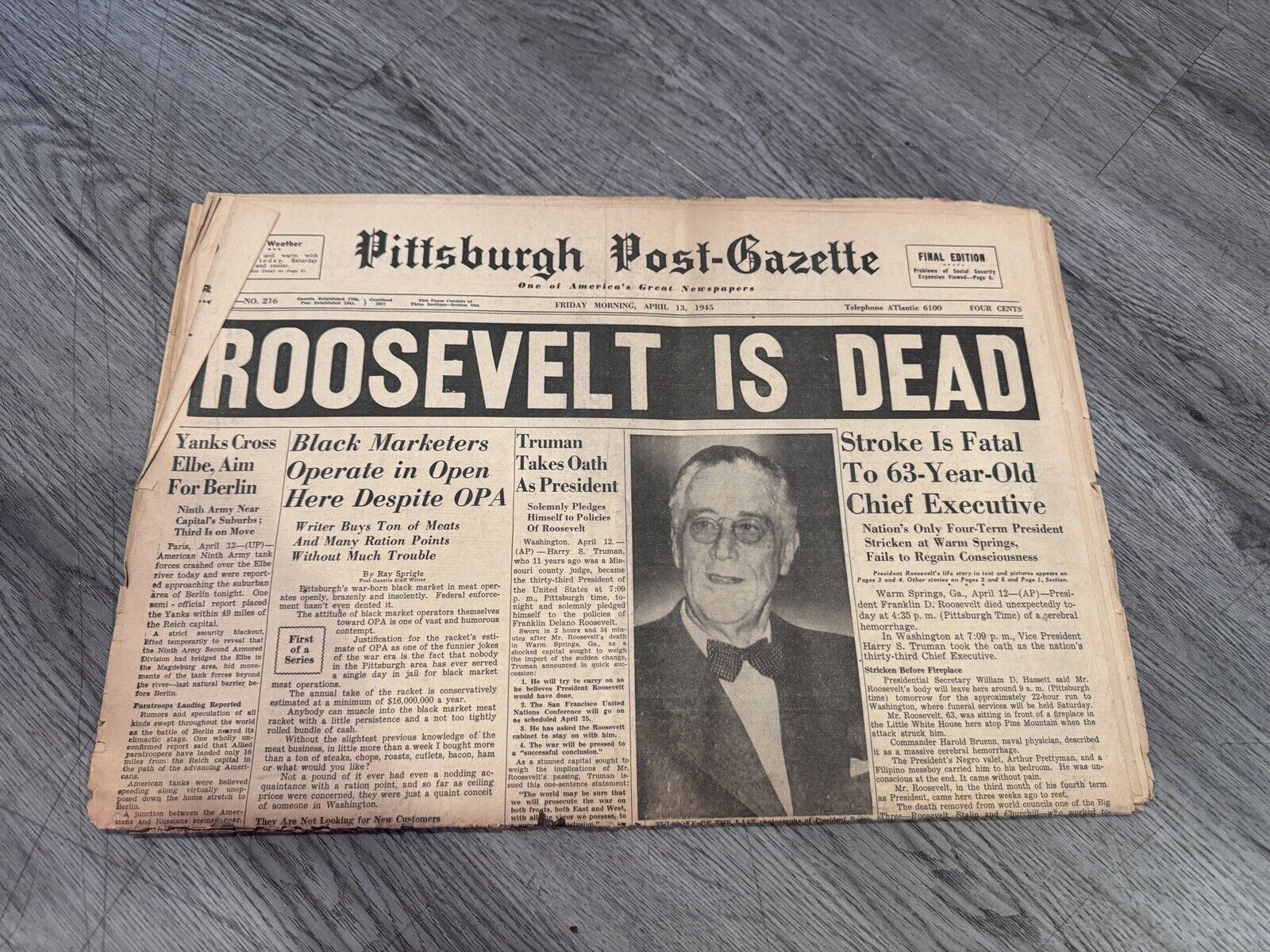 Apr 13 1945 Pittsburgh Post Gazette Newspaper Franklin D Roosevelt Death