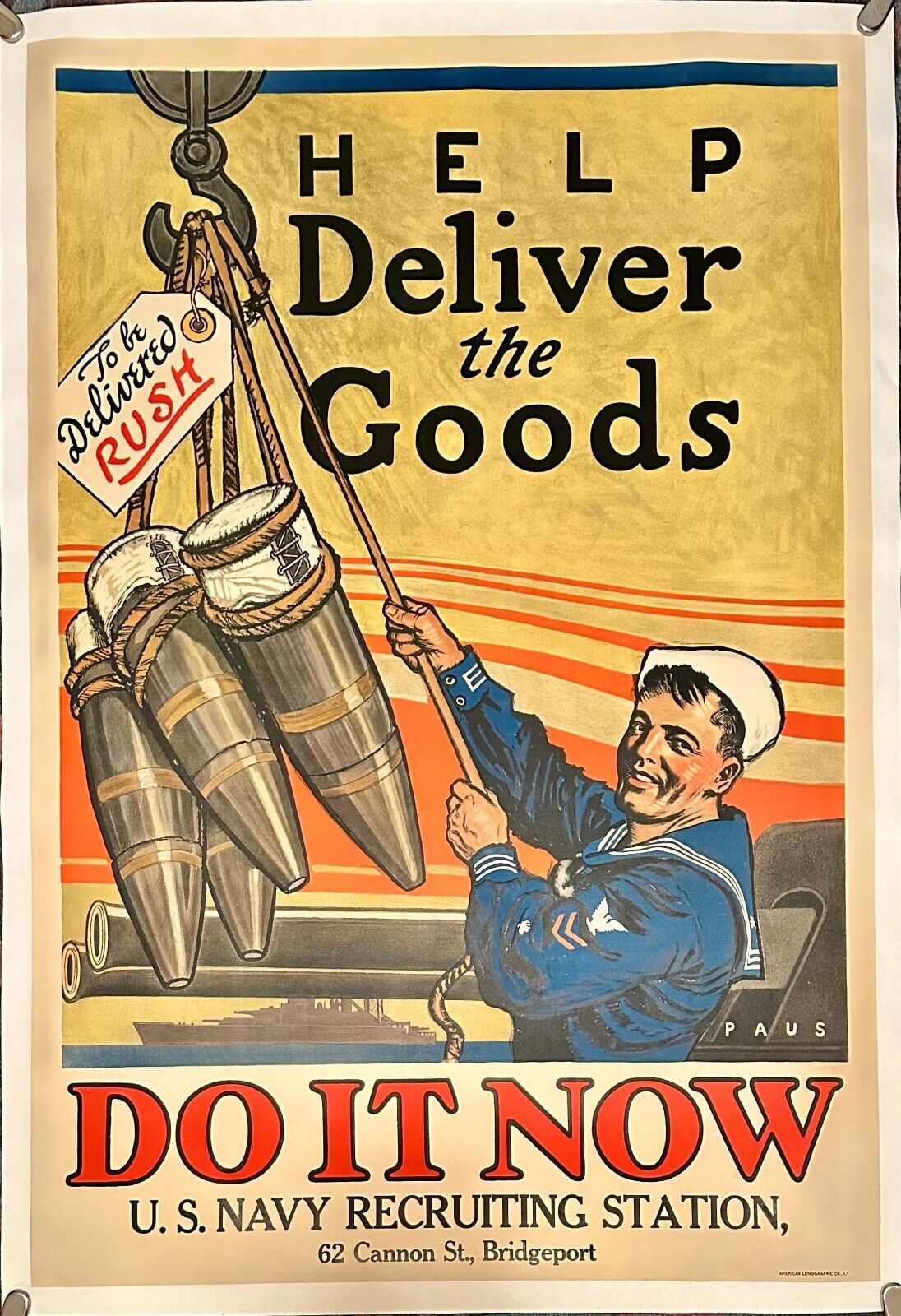 Original WWI US Navy Recruiting Poster Help Deliver  the Goods by Herbert Paus