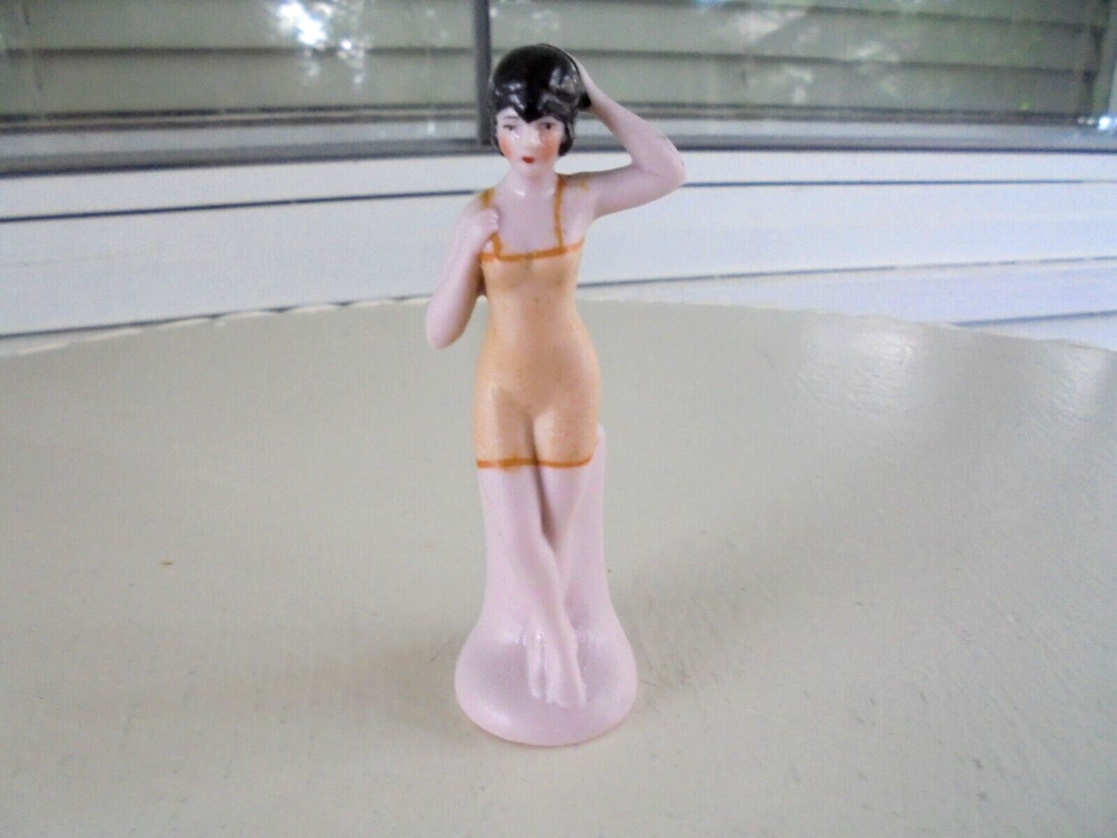 Vintage 1920\'s Germany Bisque Standing Bathing Beauty Figurine Yellow Suit & Cap