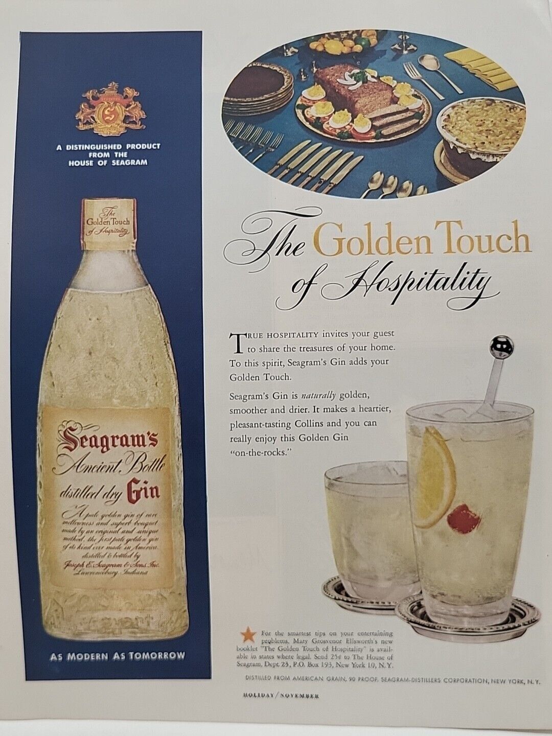 1953 Seagram\'s Gin Holiday Print Ad Vacation Golden Touch Collins hospitality